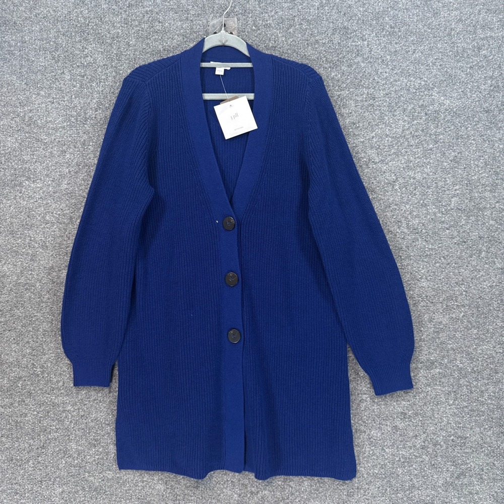 J.Jill Cardigan Sweater Women Medium Blue Ribbed Knit V-Neck Longline NEW